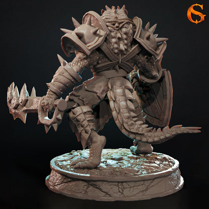 Rear render view of the Crackle-Tooth Were-Crocodile miniature, showcasing the heavily scaled back, thick spiked tail, leather harness straps, and back of the shield.