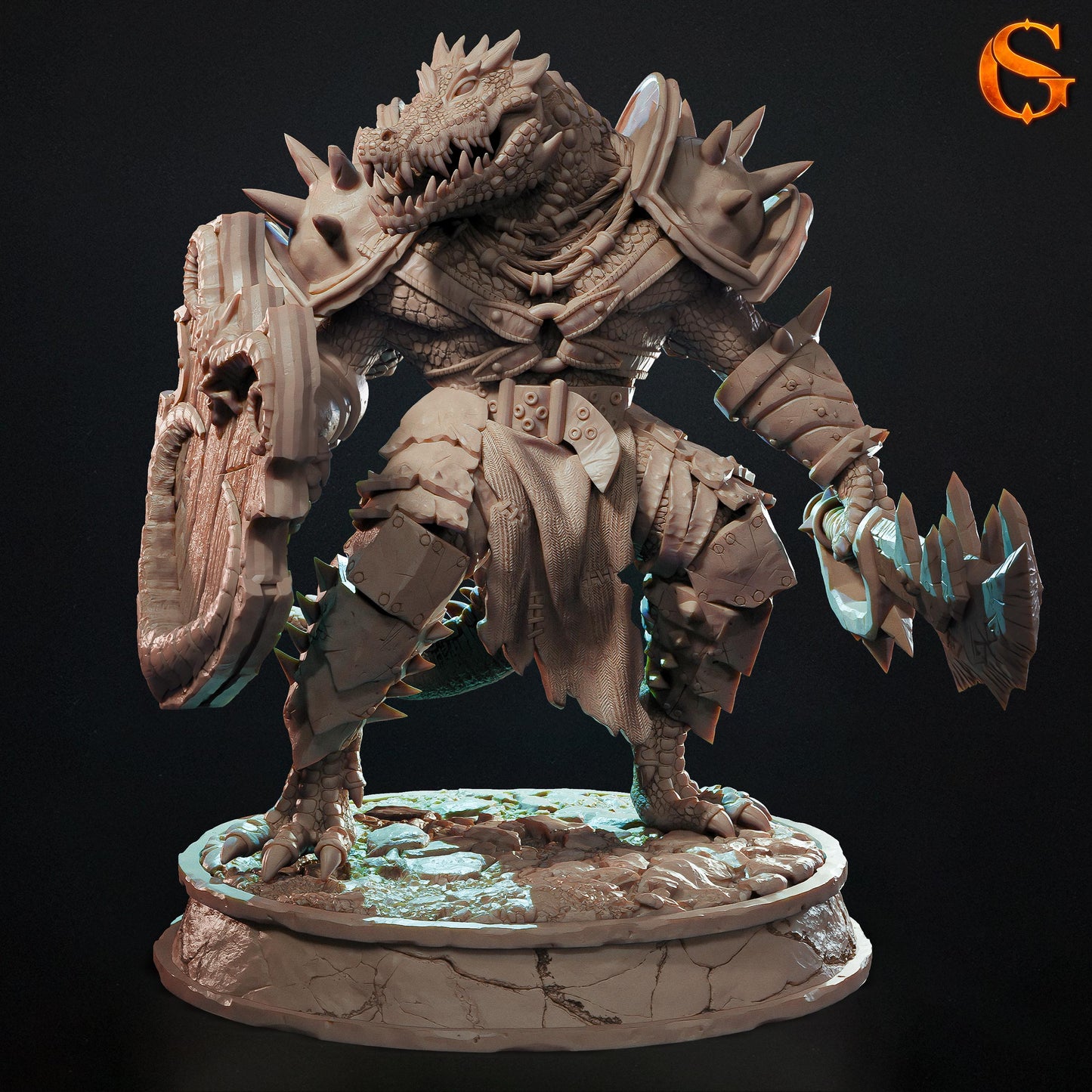 Front render view of the unpainted resin Crackle-Tooth Were-Crocodile tabletop miniature standing on a cracked stone base, wielding a heavy serrated axe and a thick wood-grain shield.