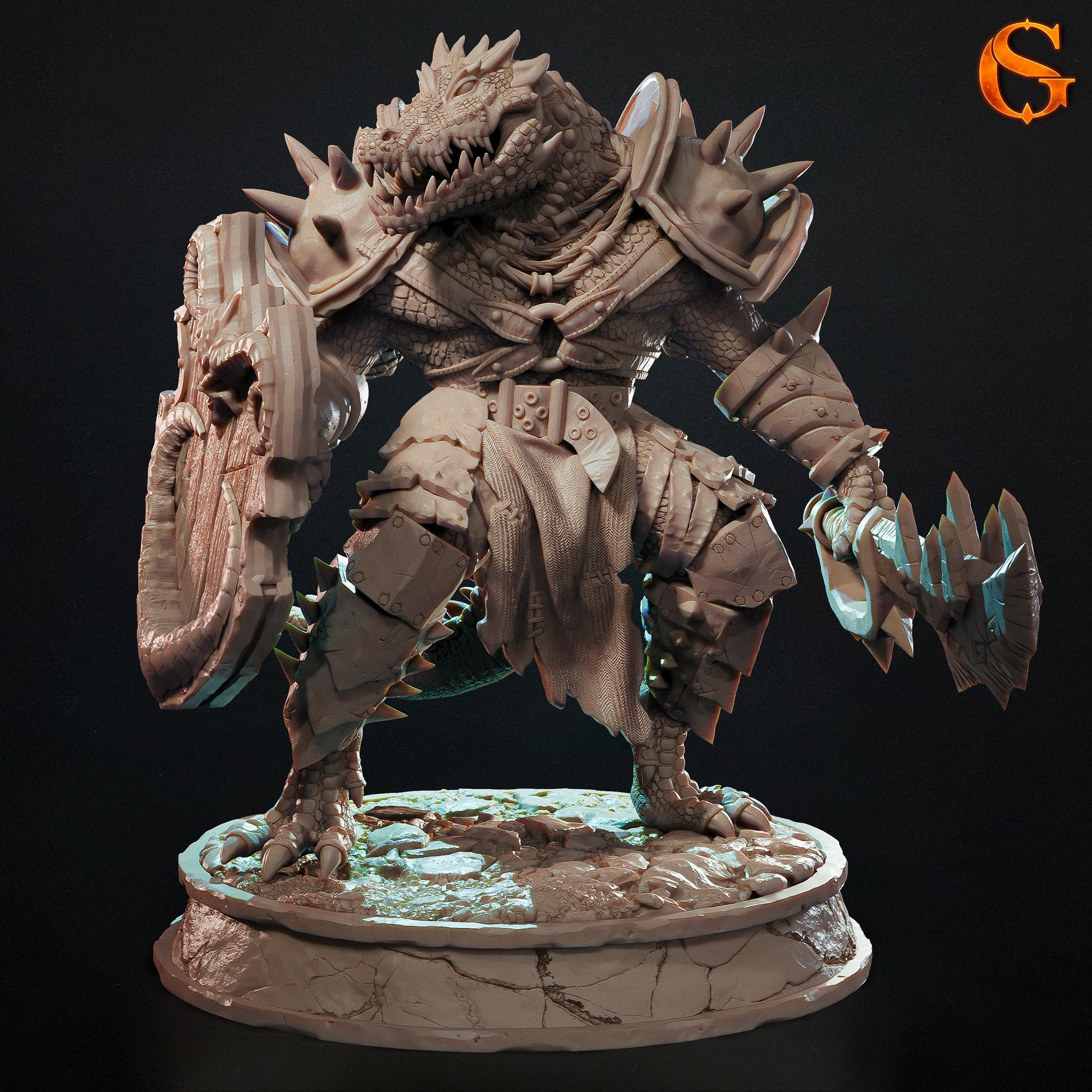 Front render view of the unpainted resin Crackle-Tooth Were-Crocodile tabletop miniature standing on a cracked stone base, wielding a heavy serrated axe and a thick wood-grain shield.