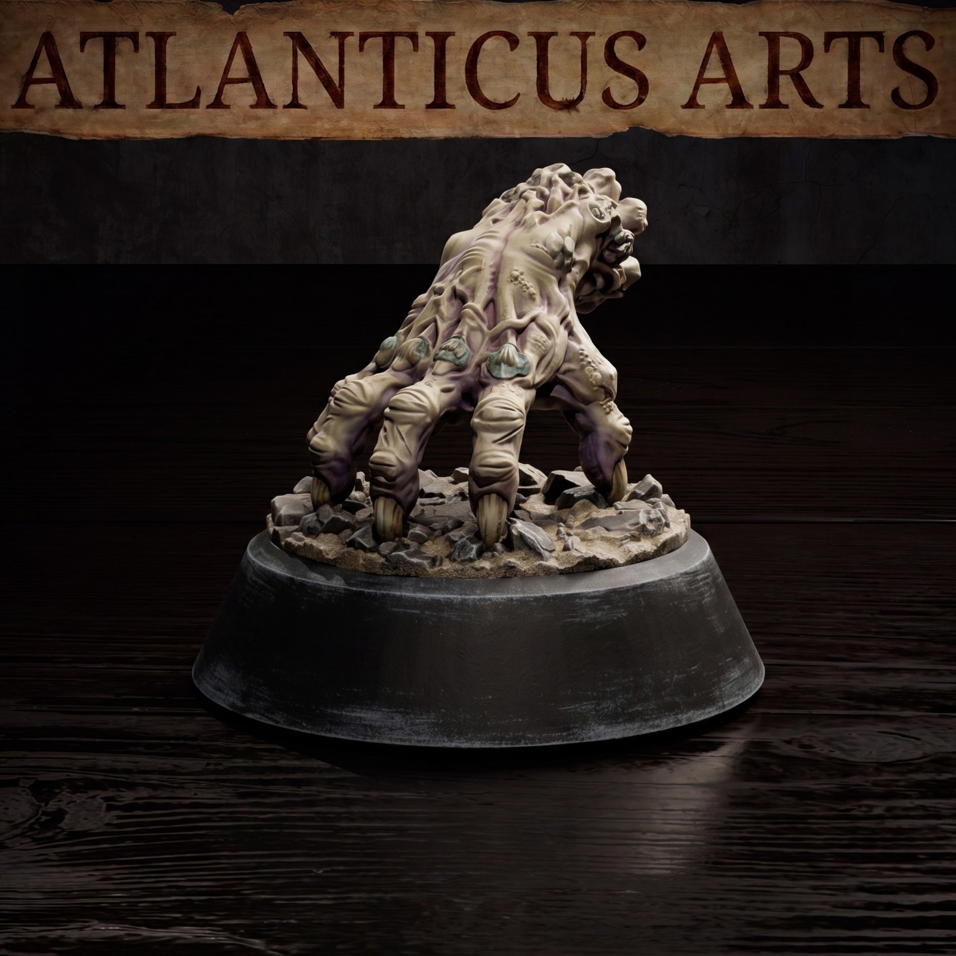 Close up render of an unpainted resin Crawling Claw miniature showing a severed zombie hand skittering over rocky ground on a circular base.