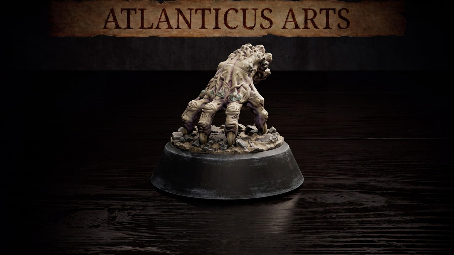 Wide angle render of the freestanding Crawling Claw miniature on a circular display base, showcasing the detailed texture of the rotting wrist bones.