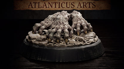 Wide-angle painted render of the undead Crawling Claws Swarm resin miniature sitting on a dark tabletop surface under the studio banner.