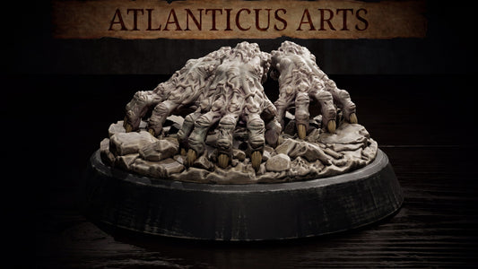 Wide-angle painted render of the undead Crawling Claws Swarm resin miniature sitting on a dark tabletop surface under the studio banner.