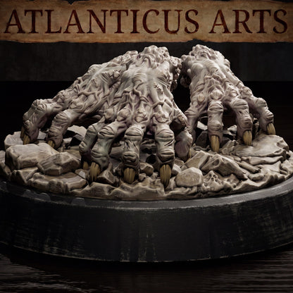 Close-up of the Crawling Claws Swarm miniature by Atlanticus Arts, featuring multiple severed zombie hands skittering over a ruined stone base.