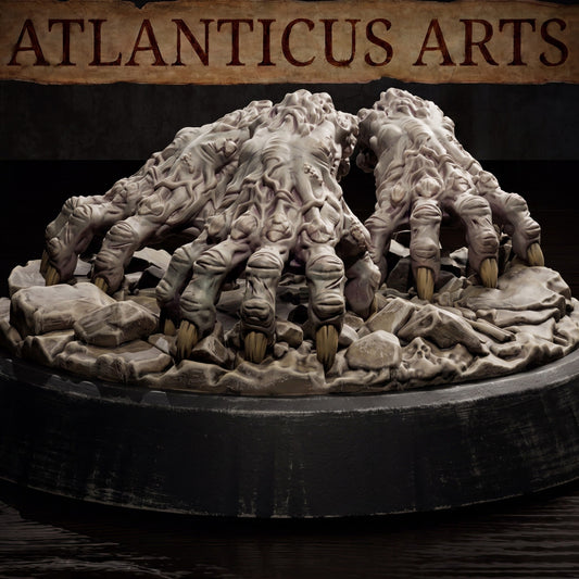 Close-up of the Crawling Claws Swarm miniature by Atlanticus Arts, featuring multiple severed zombie hands skittering over a ruined stone base.