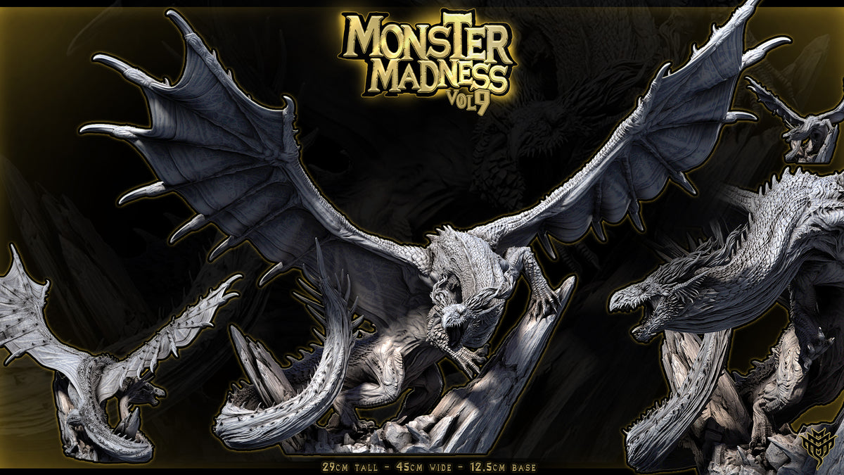 Detail view of the unpainted resin Crimson Arisen Dragon miniature, Pose 2, showing wingspan, tail curvature, and rock base texture.
