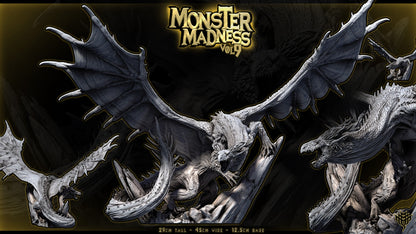Detail view of the unpainted resin Crimson Arisen Dragon miniature, Pose 2, showing wingspan, tail curvature, and rock base texture.