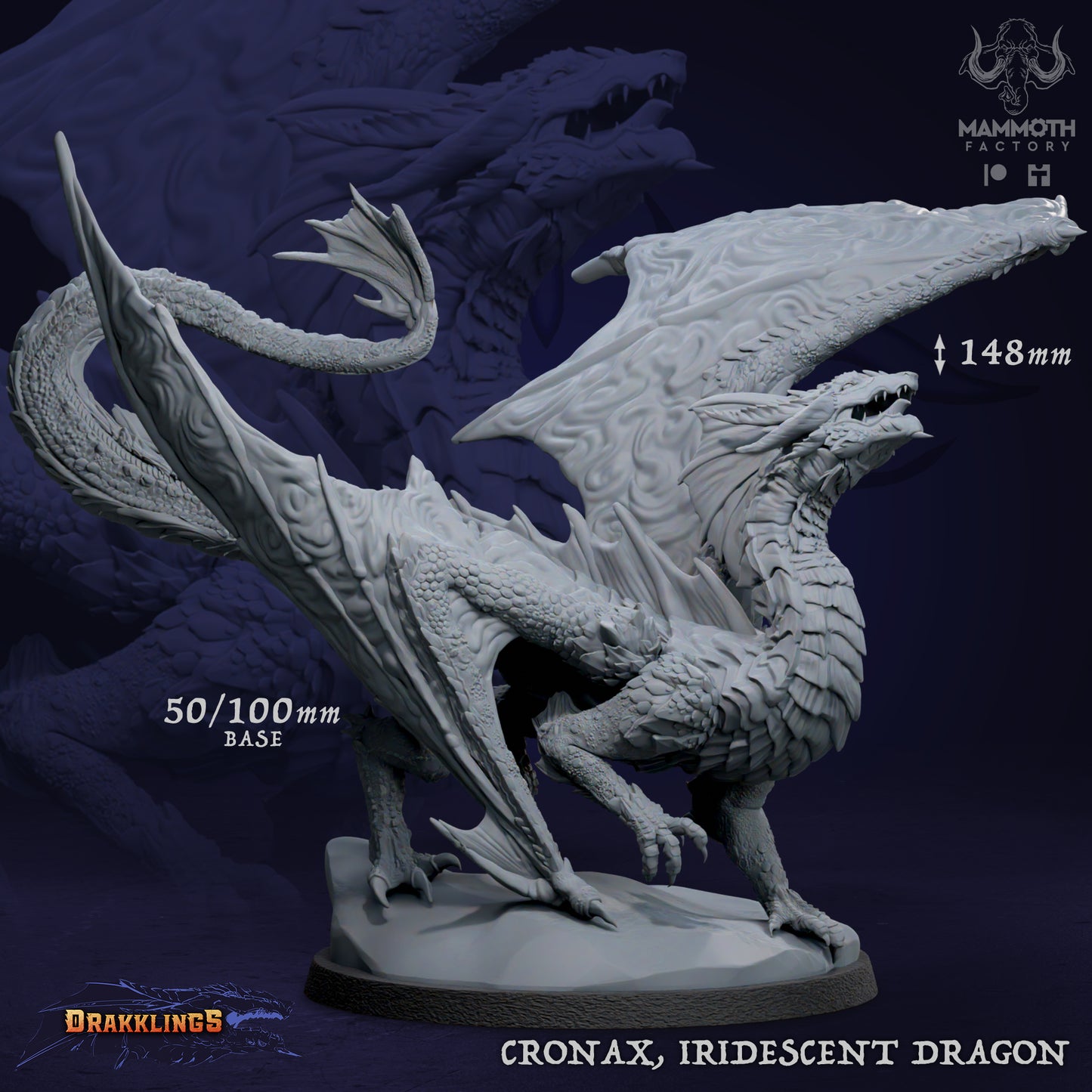 Unpainted gray resin miniature of Cronax the Iridescent Dragon by Mammoth Factory on a 100mm base, showcasing highly detailed scales, wings, and draconic features for TTRPG tabletop gaming.