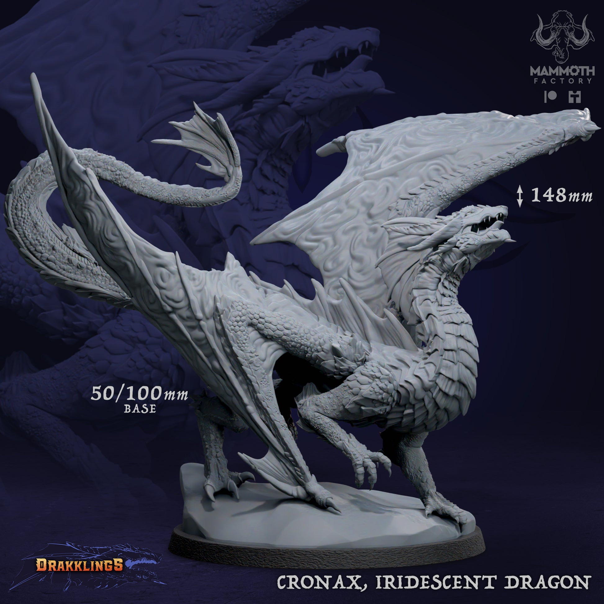 Unpainted gray resin miniature of Cronax the Iridescent Dragon by Mammoth Factory on a 100mm base, showcasing highly detailed scales, wings, and draconic features for TTRPG tabletop gaming.