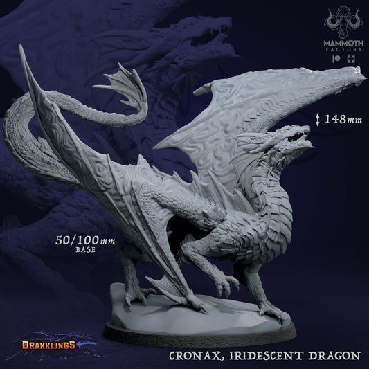 Unpainted gray resin miniature of Cronax the Iridescent Dragon by Mammoth Factory on a 100mm base, showcasing highly detailed scales, wings, and draconic features for TTRPG tabletop gaming.