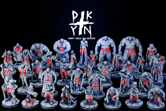Numbered selection guide showing all 36 Crooks & Cutthroats fantasy NPC miniatures.