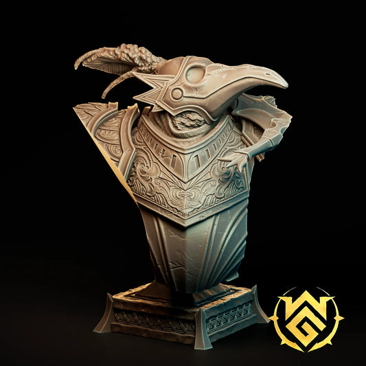 Front view render of the 100mm Crowknight display bust on a pedestal by The Witchguild.