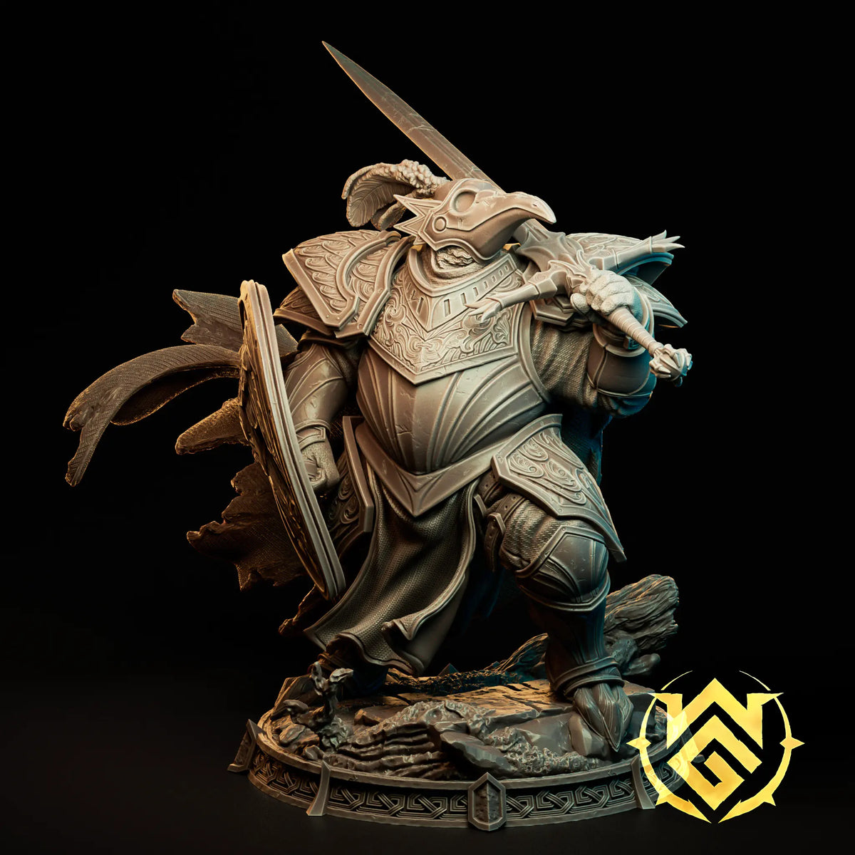 Hero front view render of Crowknight resin miniature in heavy plate armor holding a sword and shield by The Witchguild.
