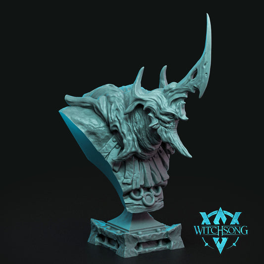 Cryptid Executioner display bust with a horned head, jagged maw, and mutated upper torso.