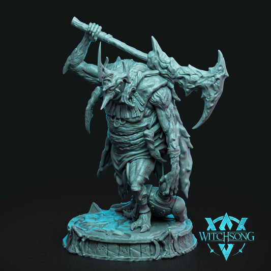 Cryptid Executioner Large Aberration miniature wielding a massive bony scythe with jagged horns and spikes.