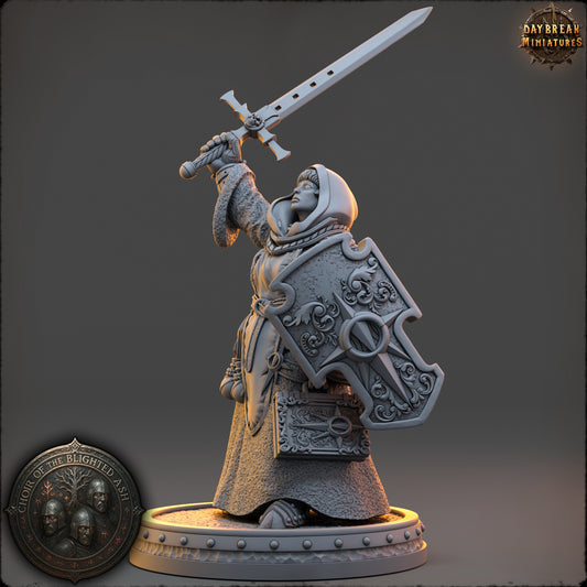 Dame Corintha Vale armored Human Paladin miniature with layered plate, sword, and shield.
Focal Point: Head, shoulders, and shield.
