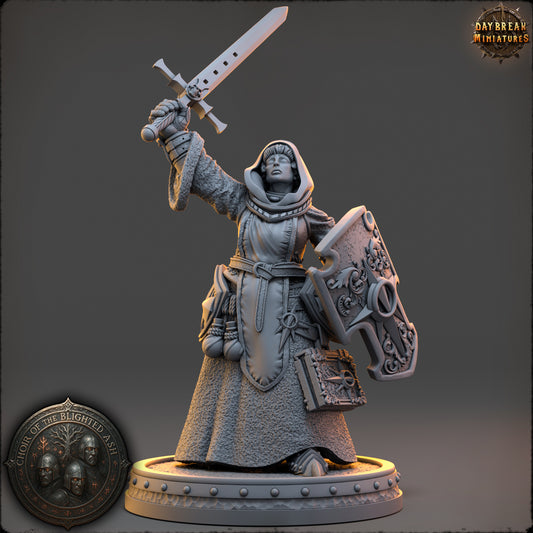 Dame Corintha Vale Human Paladin miniature in heavy armor raising a one-handed sword and carrying a large shield.