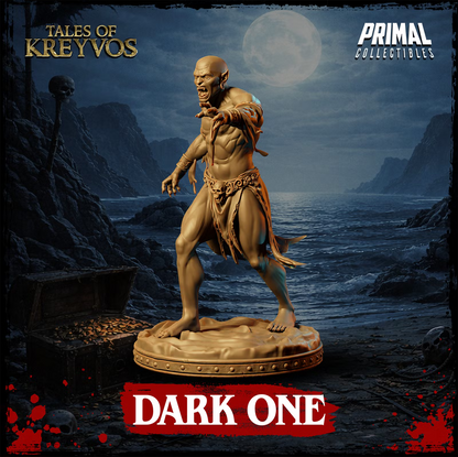 Front three-quarter view of Dark One showing its fanged face, muscular body, clawed hands, and skull-detailed waist piece.