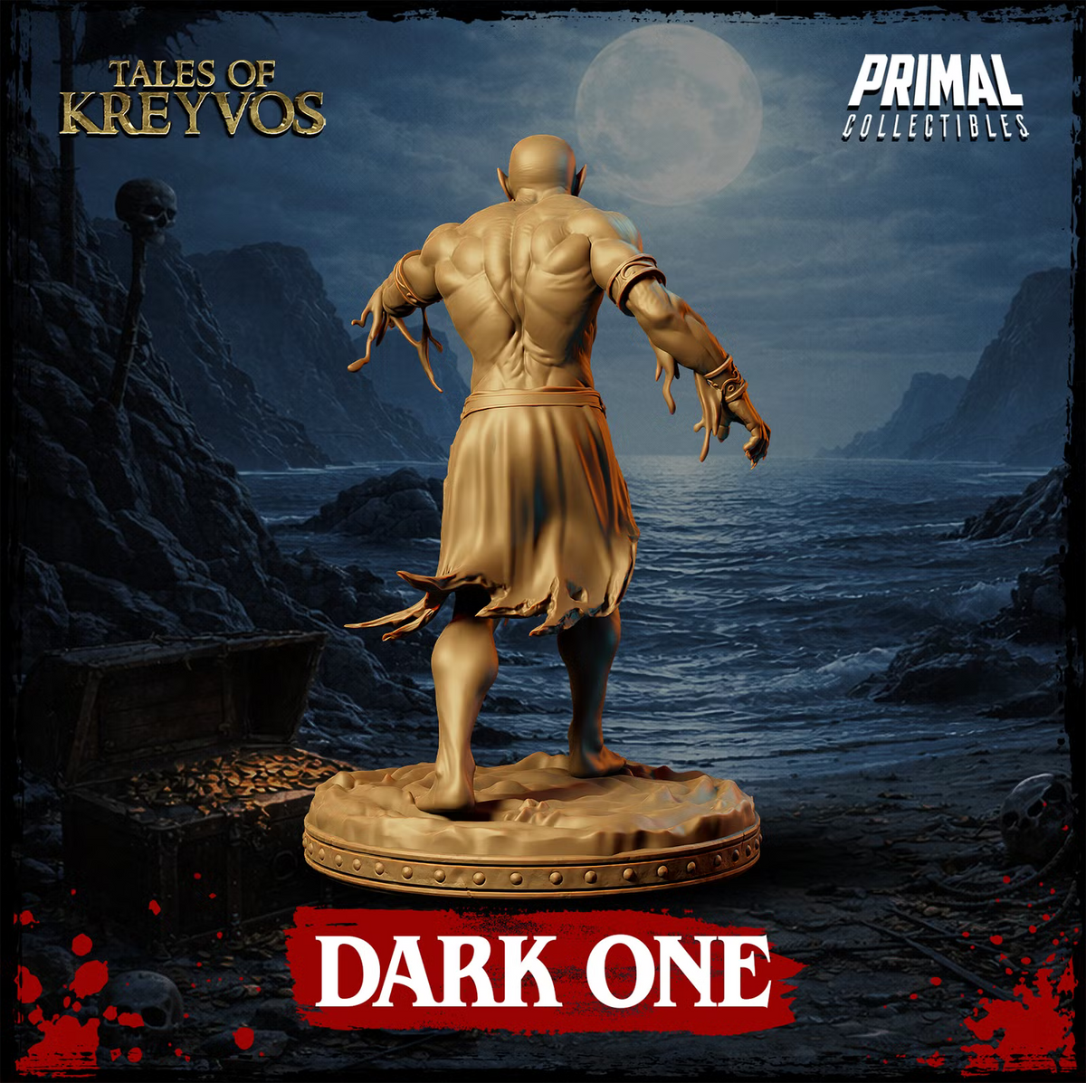 Rear view of Dark One showing the sculpted back, arm details, tattered clothing, and scenic base.