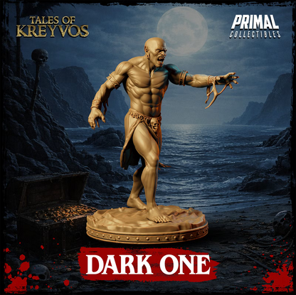 Side view of Dark One showing its pointed ears, fangs, muscular anatomy, ritual arm bands, and predatory stance.