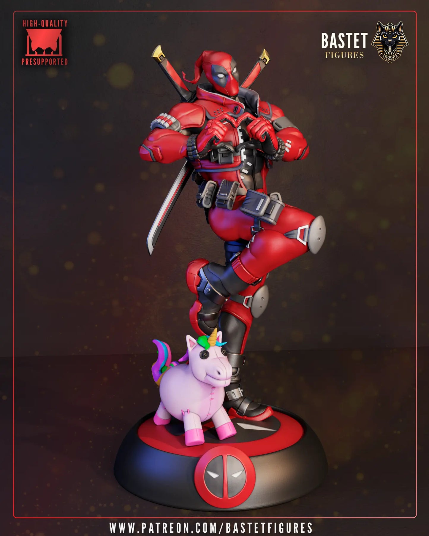 Full-body 3D render of a 1:8 scale red Deadpool miniature garage kit standing on one foot next to a plush unicorn toy.