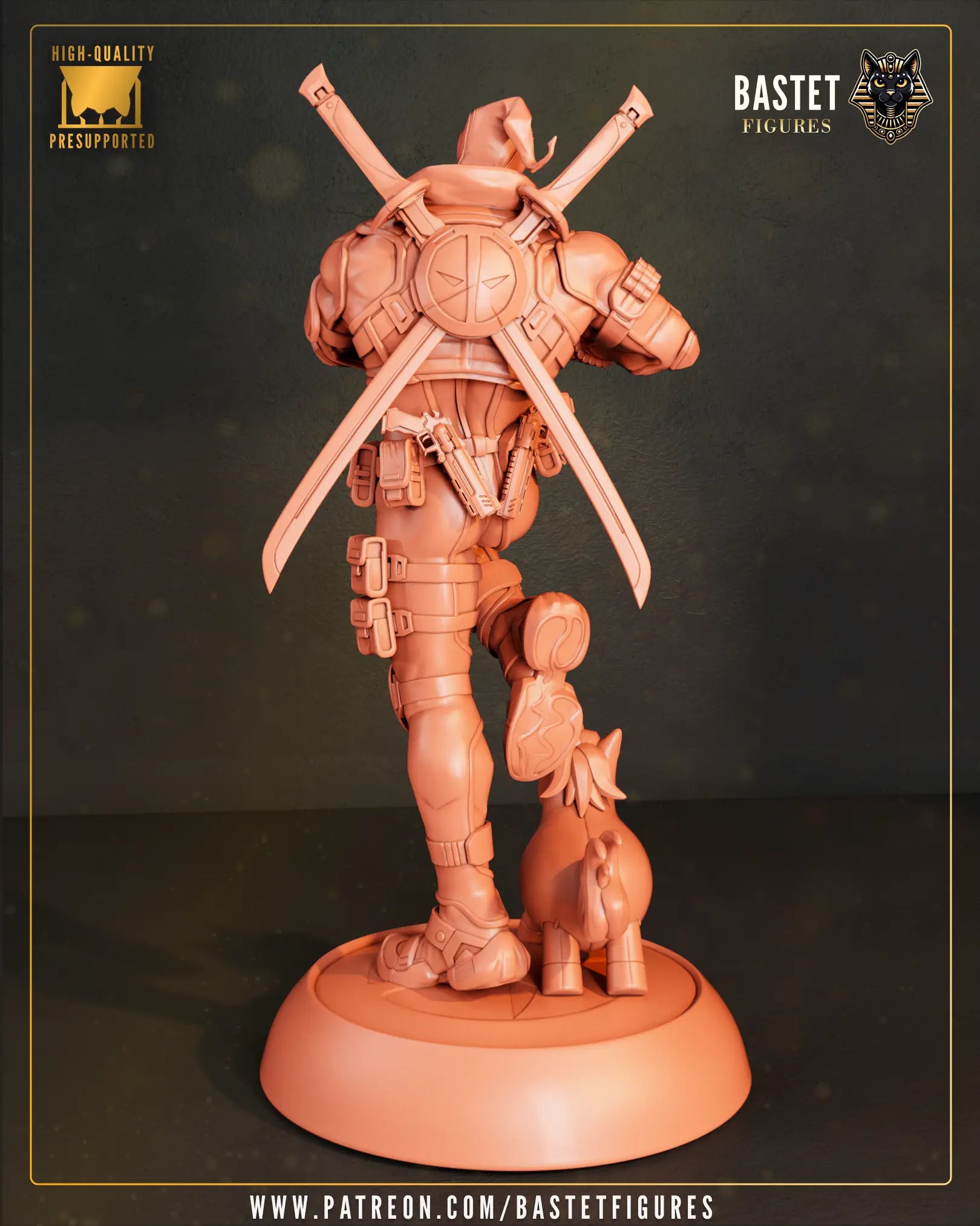 Rear view 3D render of the full-body Deadpool model kit on its base showing the crossed katanas on his back.