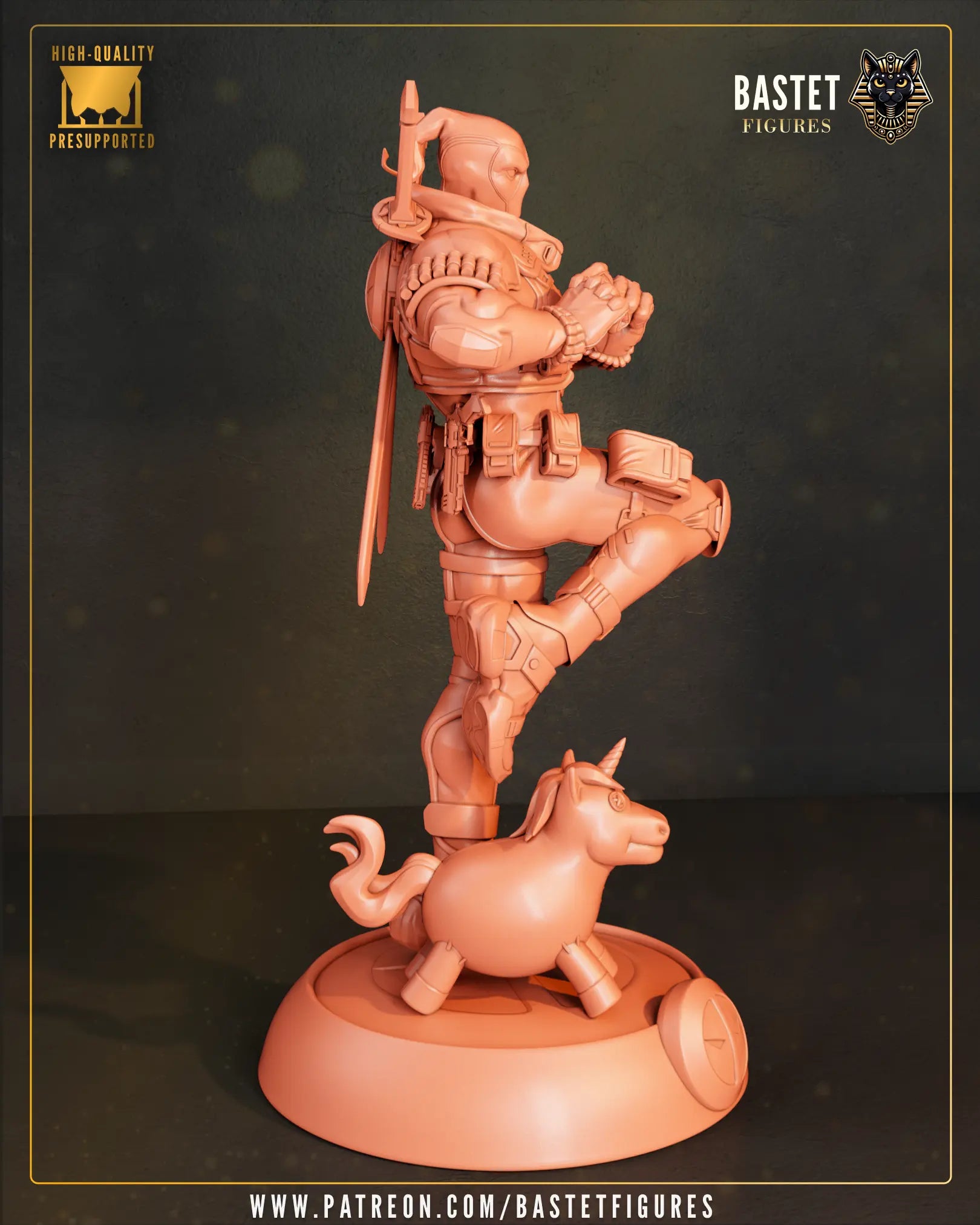 Side view 3D render of the full-body Deadpool model kit standing on the display base next to the unicorn companion.