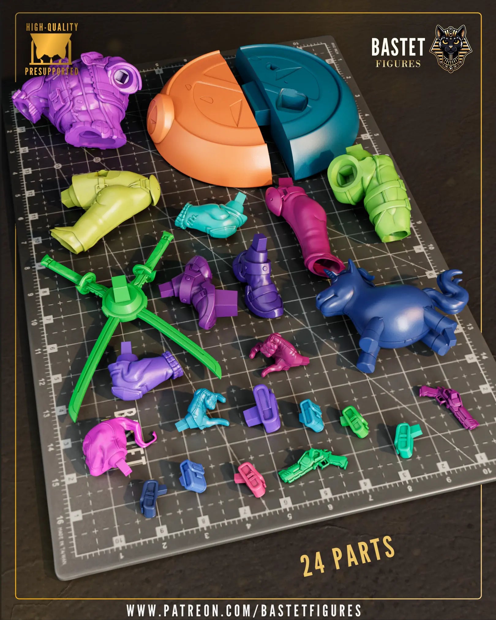Exploded parts layout showing the 24 interlocking pieces included in the un-assembled multi-part garage kit.