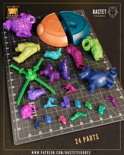 Exploded parts layout showing the 24 interlocking pieces included in the un-assembled multi-part garage kit.