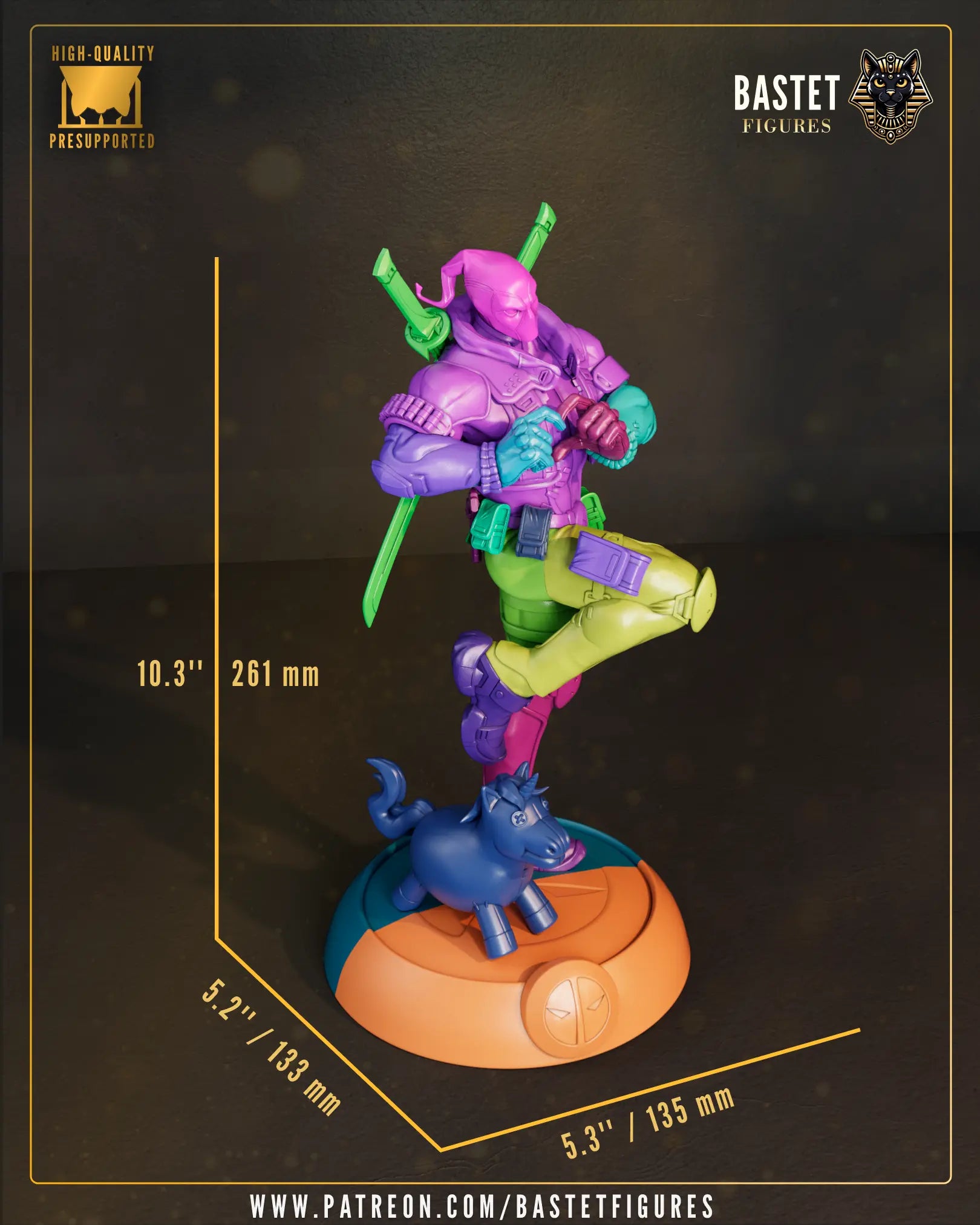 Color-coded scale diagram showing the physical dimensions and assembly of the full-body Deadpool resin kit at 10.3 inches tall.