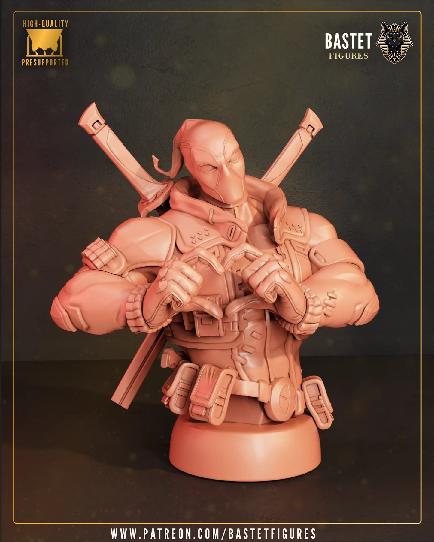 Front view 3D render of the alternative Deadpool display bust option on its pedestal base.