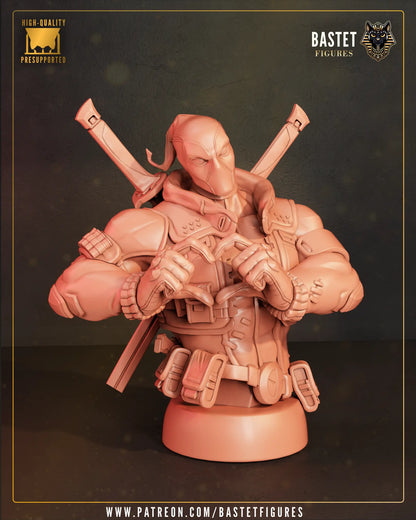 Front view 3D render of the alternative Deadpool display bust option on its pedestal base.