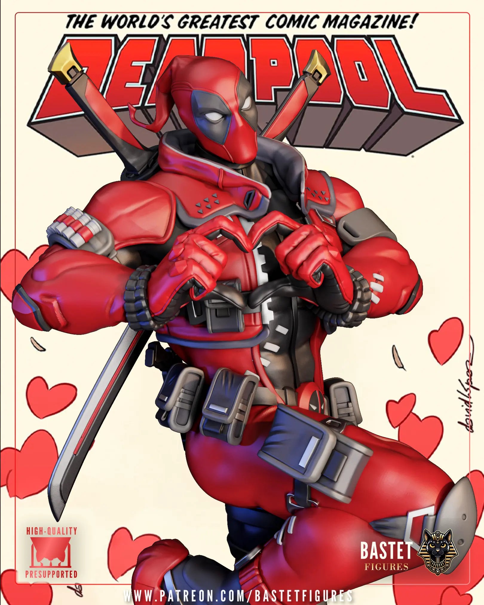 Close-up render of masked Deadpool making a heart sign with his hands, styled as a classic comic magazine cover.
