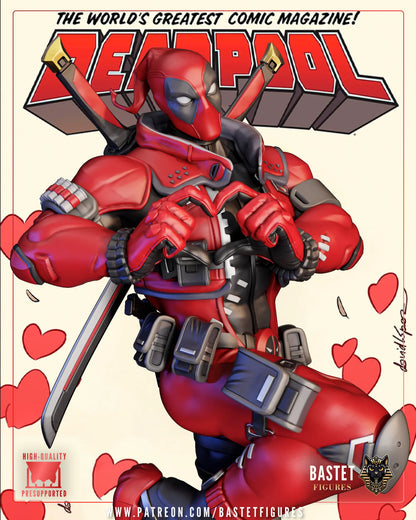 Close-up render of masked Deadpool making a heart sign with his hands, styled as a classic comic magazine cover.
