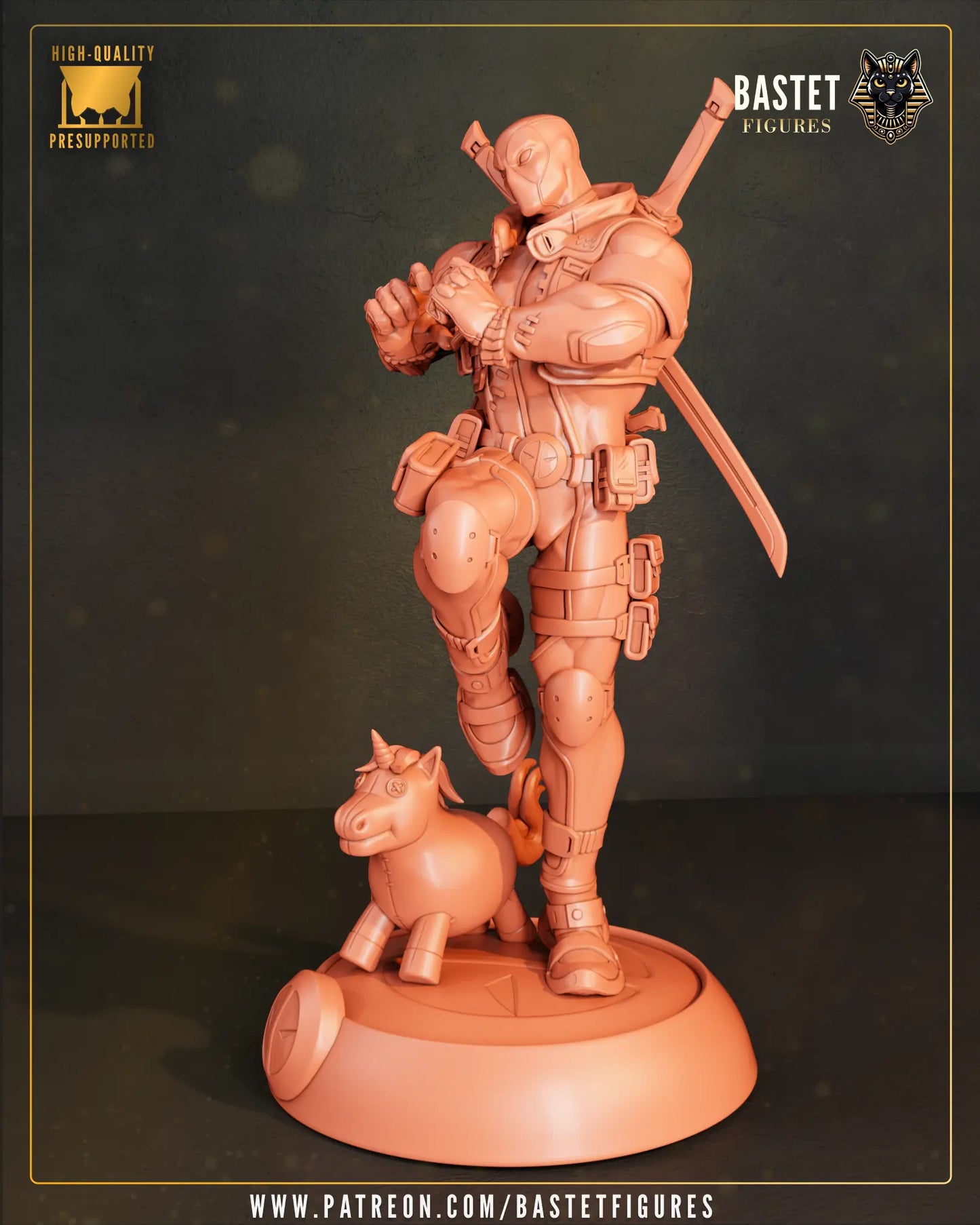 Front view solid color render of the 1:8 scale Deadpool garage kit showing the full-body pose with the unicorn.