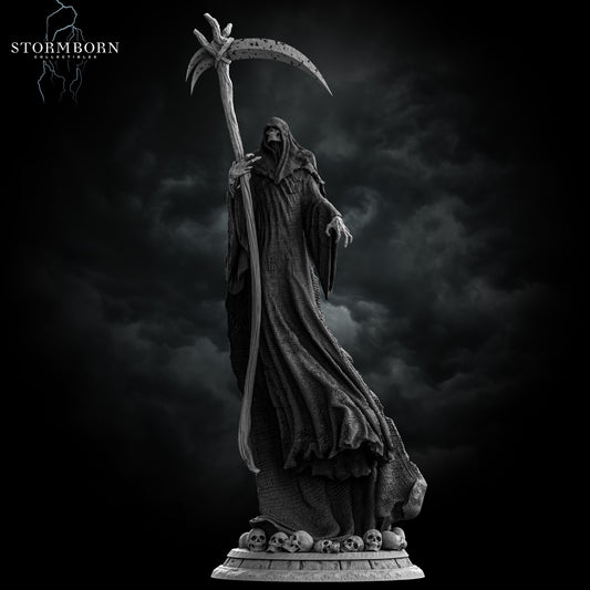 Front view of the Grim Reaper miniature standing on a bed of skulls by Stormborn Collectibles.