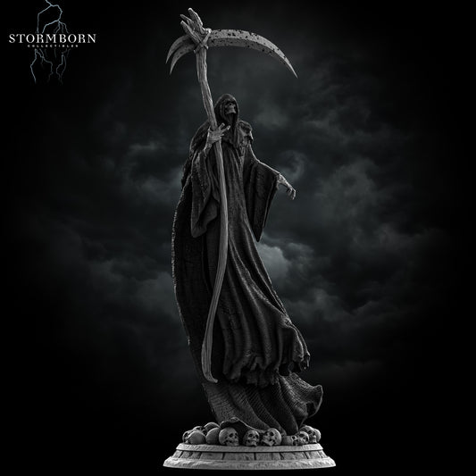 Dramatic three-quarter view of Death Grim Reaper resin miniature clutching a scythe by Stormborn Collectibles.