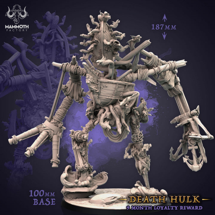 Front render view of Death Hulk, a gargantuan shipwreck construct resin miniature made of ship hulls, cannons, and serpents on a 100mm base.