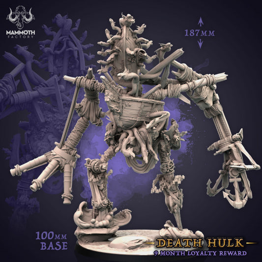 Front render view of Death Hulk, a gargantuan shipwreck construct resin miniature made of ship hulls, cannons, and serpents on a 100mm base.