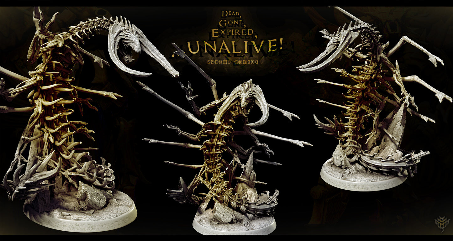 3D printed Death Corsair undead bone serpent miniature featuring skeletal ribs and claws emerging from rocky terrain on a 50 mm base