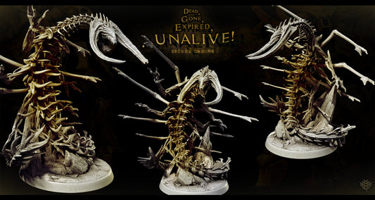 3D printed Death Corsair undead bone serpent miniature featuring skeletal ribs and claws emerging from rocky terrain on a 50 mm base
