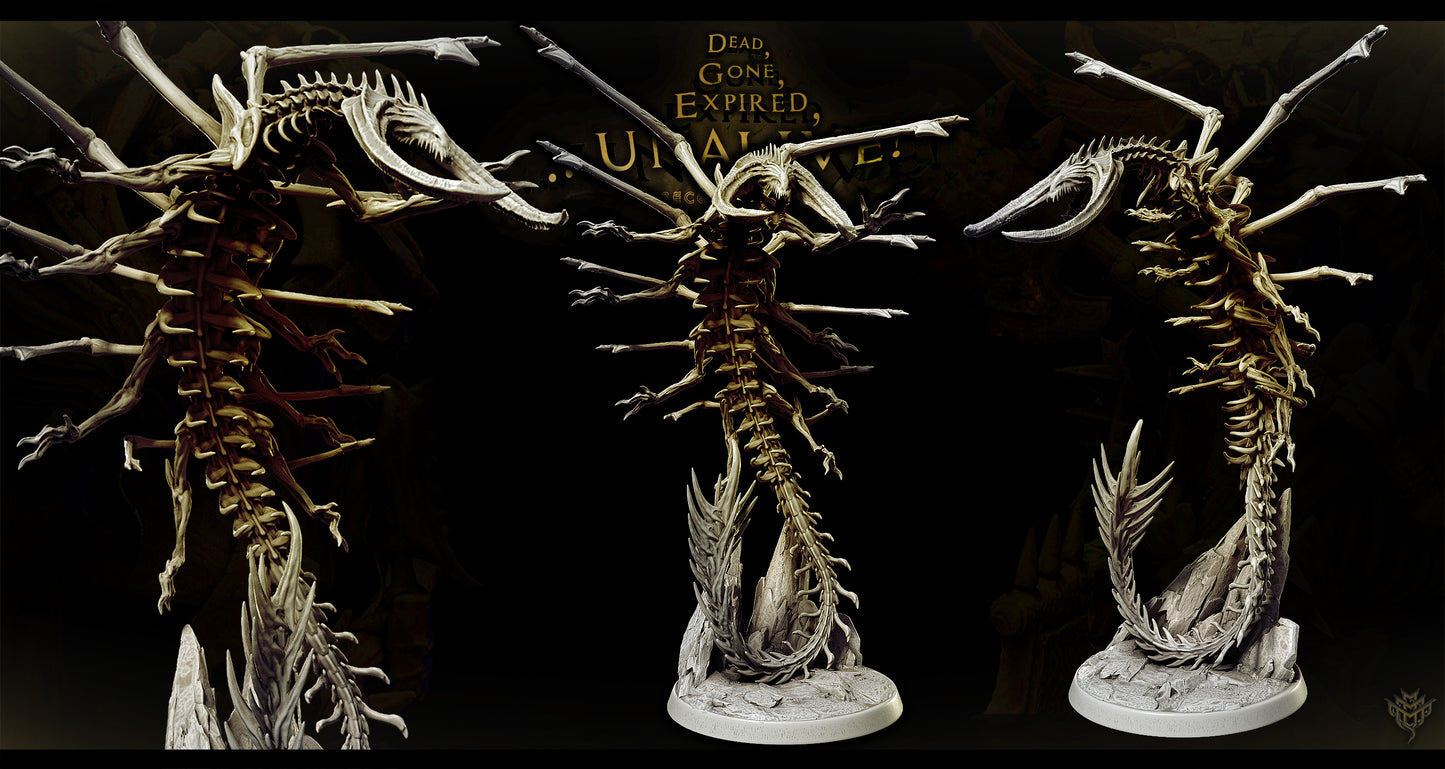3D printed Death Corsair undead bone serpent miniature featuring skeletal ribs and claws emerging from rocky terrain on a 50 mm base