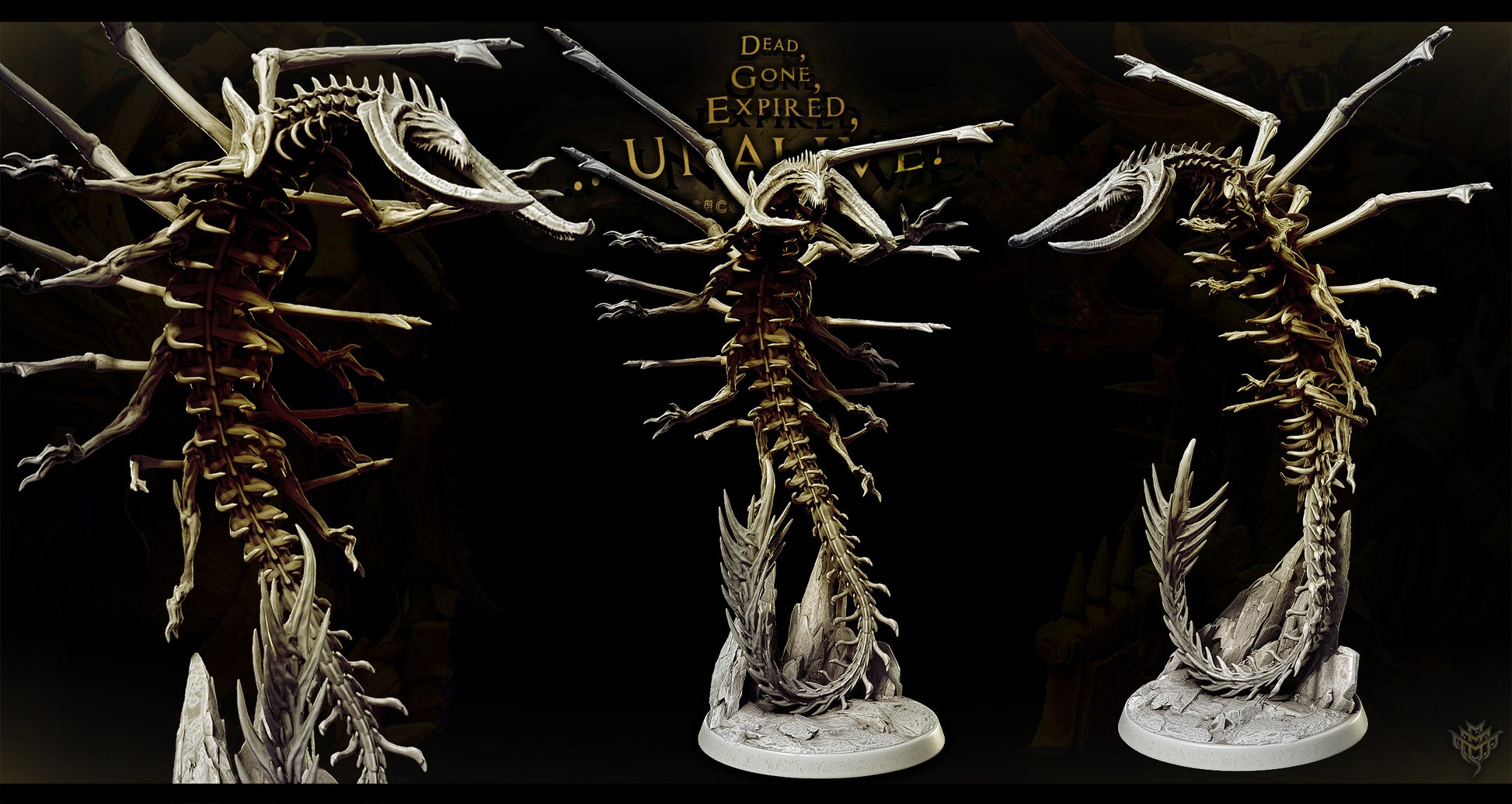 3D printed Death Corsair undead bone serpent miniature featuring skeletal ribs and claws emerging from rocky terrain on a 50 mm base