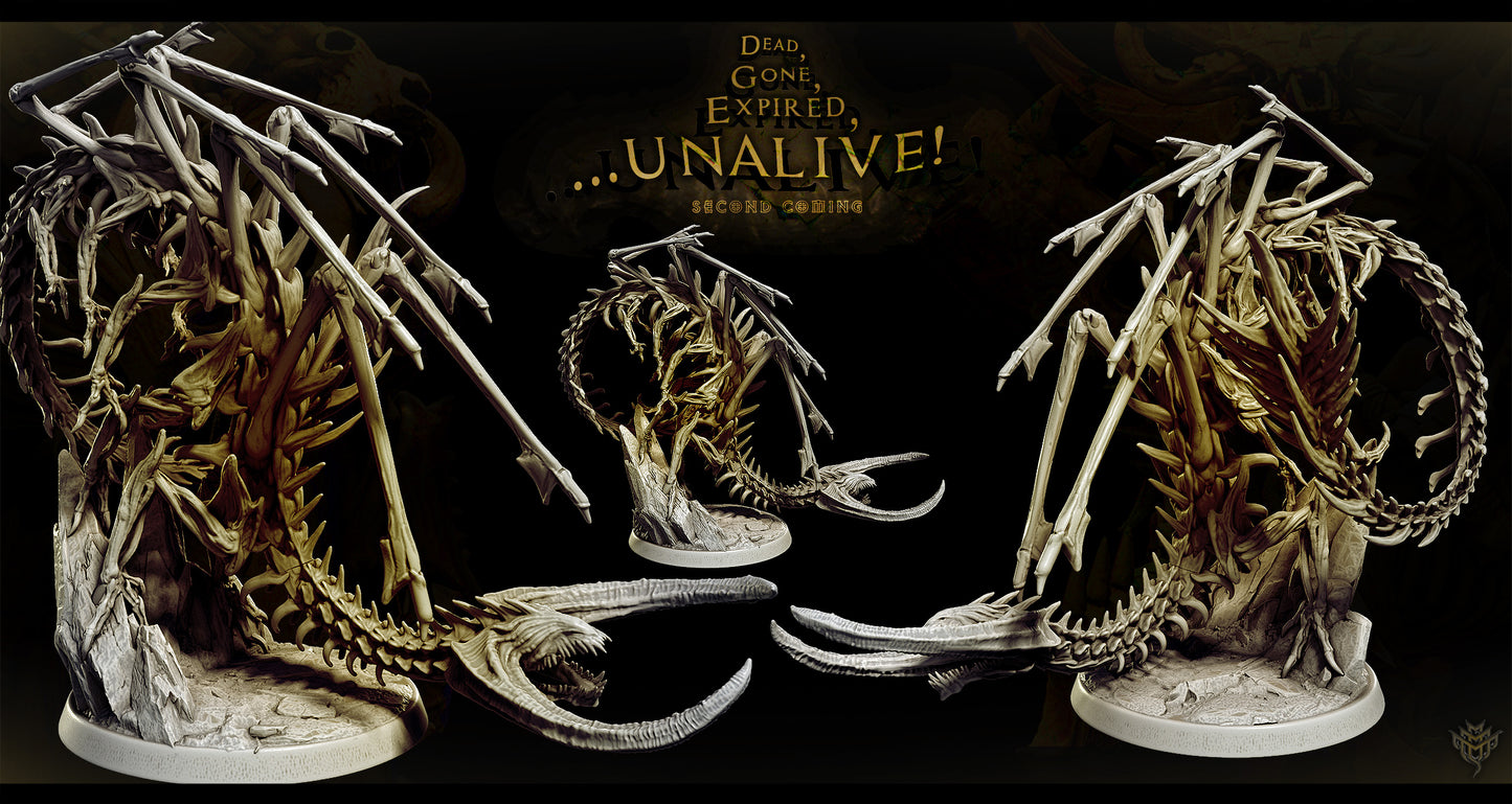 3D printed Death Corsair undead bone serpent miniature featuring skeletal ribs and claws emerging from rocky terrain on a 50 mm base