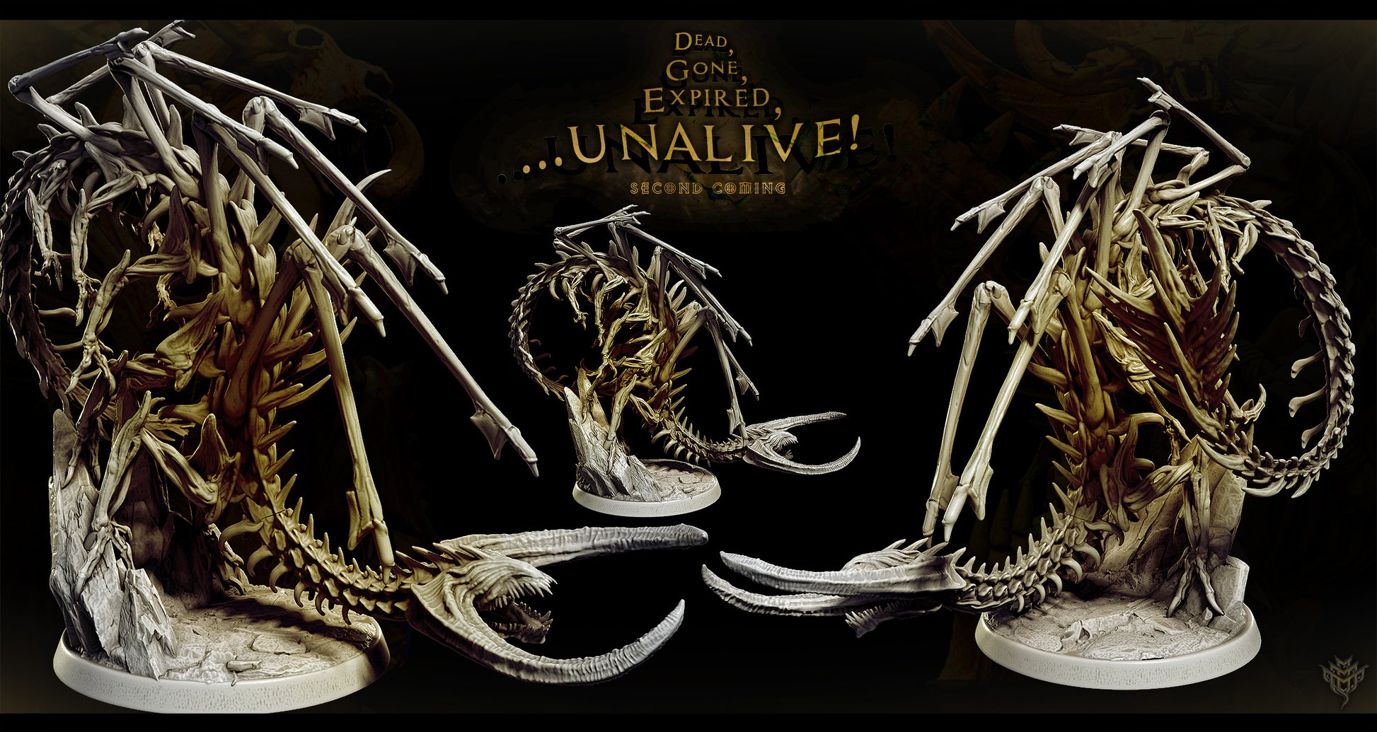 3D printed Death Corsair undead bone serpent miniature featuring skeletal ribs and claws emerging from rocky terrain on a 50 mm base