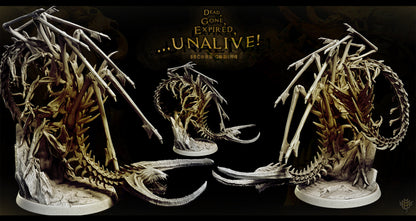 3D printed Death Corsair undead bone serpent miniature featuring skeletal ribs and claws emerging from rocky terrain on a 50 mm base