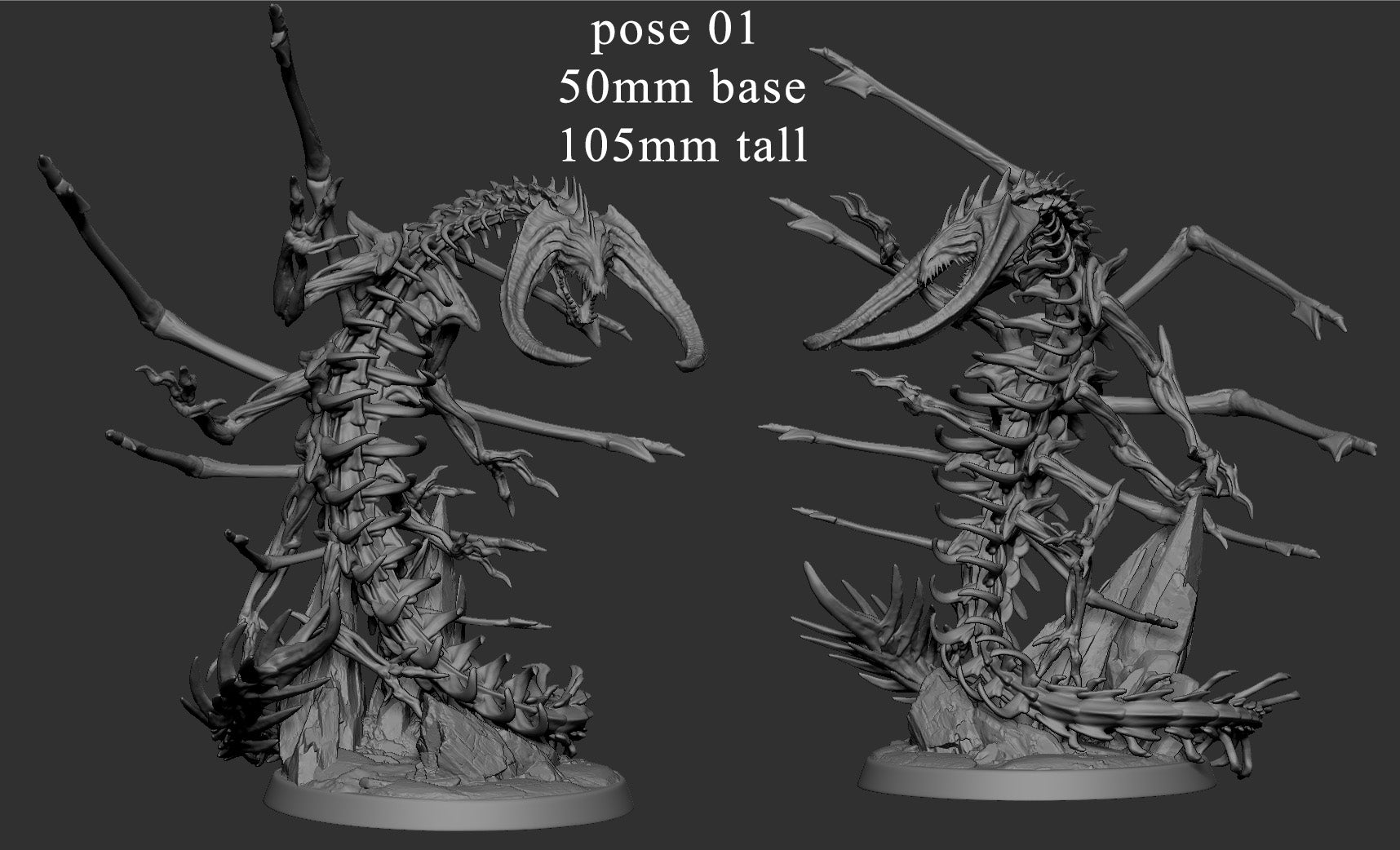 3D printed Death Corsair undead bone serpent miniature featuring skeletal ribs and claws emerging from rocky terrain on a 50 mm base