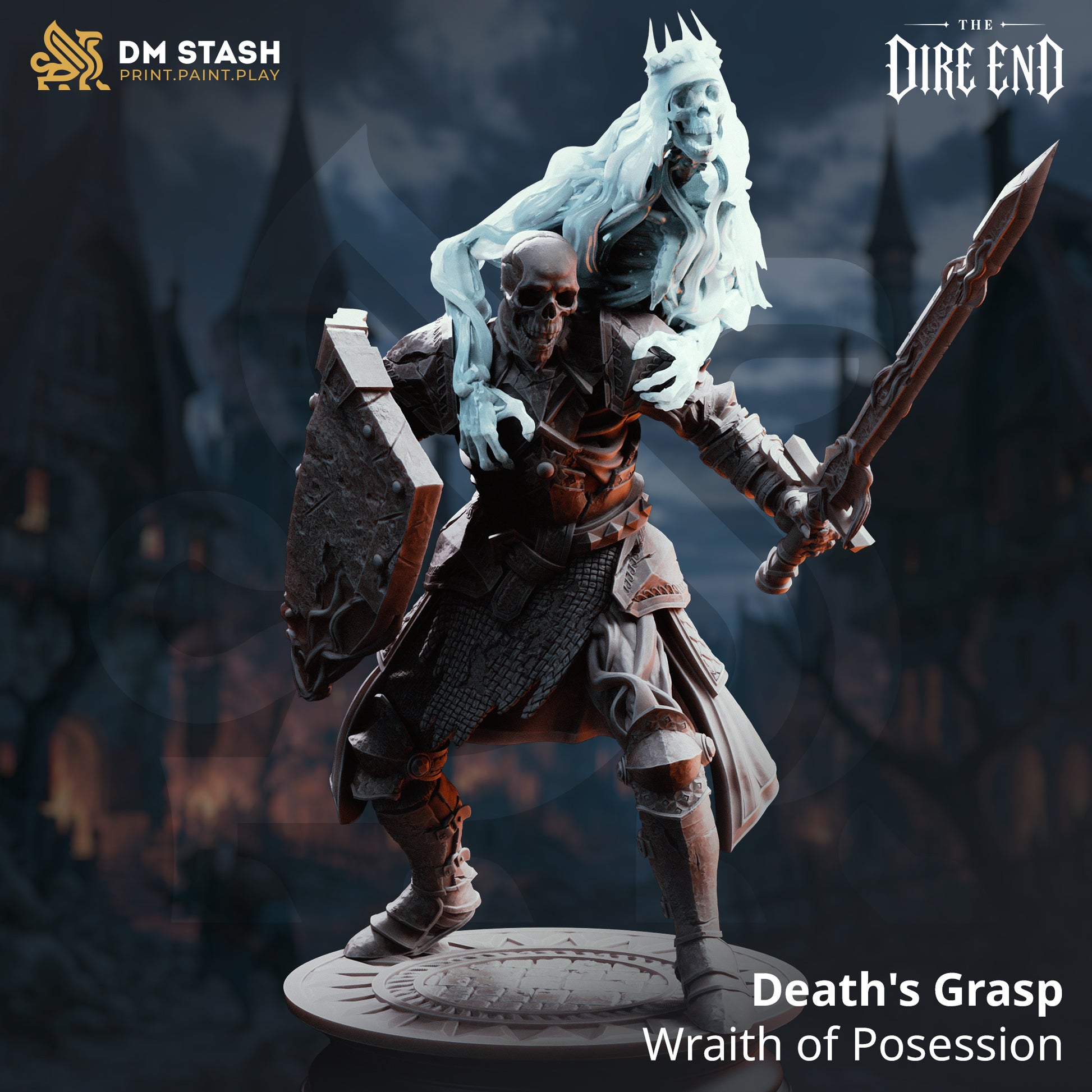 A 3D-rendered dark fantasy resin miniature titled "Death's Grasp - Wraith of Possession" from DM Stash. It features a skeletal knight in plate armor holding a wavy-edged sword and a heavy shield, with a crowned translucent ghost draped over its shoulders. They stand on a circular runed base against a dark village backdrop.