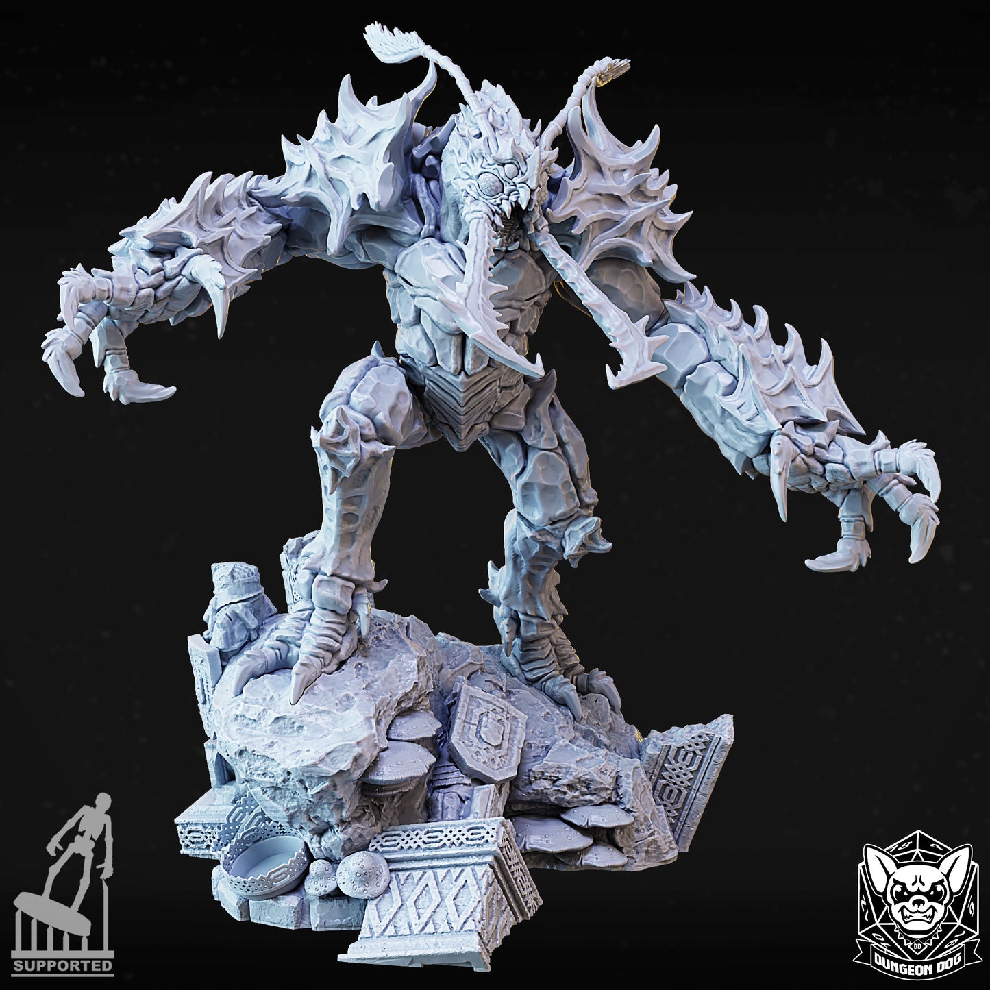 Alternative front-facing wide angle of the Deep-Earth Glutton showing large spiked claws and insectoid frame.