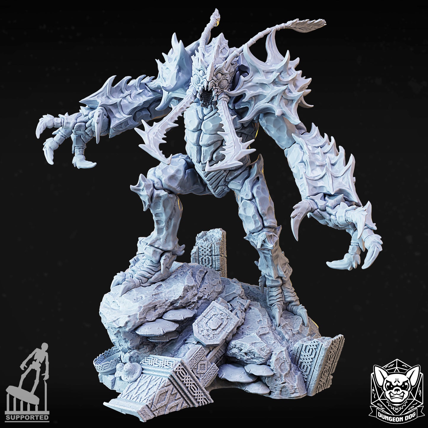 Front hero render of the unpainted resin Deep-Earth Glutton miniature standing on a 75mm ruin base.